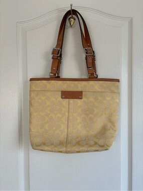Coach Butter Yellow Signature Tote with Tan Leather Straps